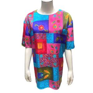 Maggie Sweet Size 2X Colorful Flowers Patchwork Soft Satin Tunic